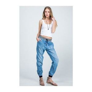 Denim Joggers - High Rise Draw String Elastic Waist