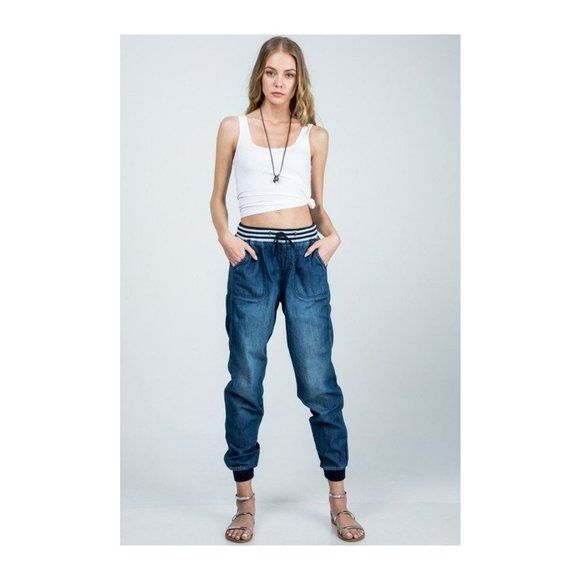 Denim Joggers - High Rise Draw String Elastic Waist