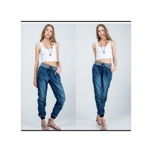 Denim Joggers - High Rise Draw String Elastic Waist